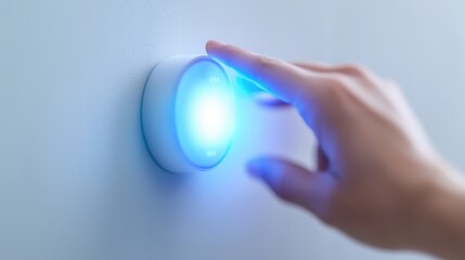 Hand touching glowing home automation device or button