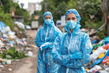 Environmental activists wearing protective suits survey a polluted area filled with waste in an urban setting during daylight