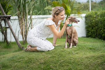 Beautiful caucasian woman playing with Greyhound dog on green grass	