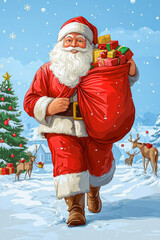 Santa Claus with a bag of gifts.