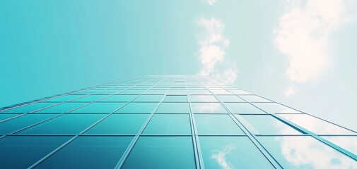 Obraz premium A modern skyscraper reflecting the sky, captured from a low angle to emphasize its height and sleek glass facade