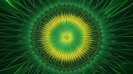 Circular geometric patterns radiating outward in gradient shades of green and yellow, creating a mandala-like effect with perfectly aligned lines and curves.