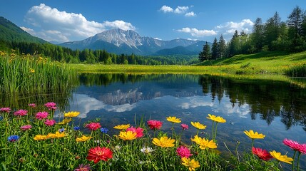 Stunning Mountain View Reflected in Calm Lake Surrounded by Colorful Wildflowers Under Bright Blue Sky with Fluffy Clouds in a Serene Natural Landscape