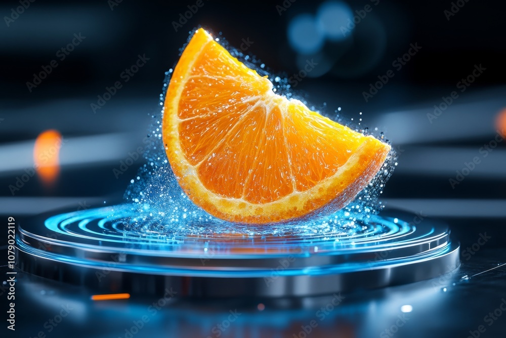 Poster a futuristic digital display of an orange slice with holographic elements, symbolizing food technolo