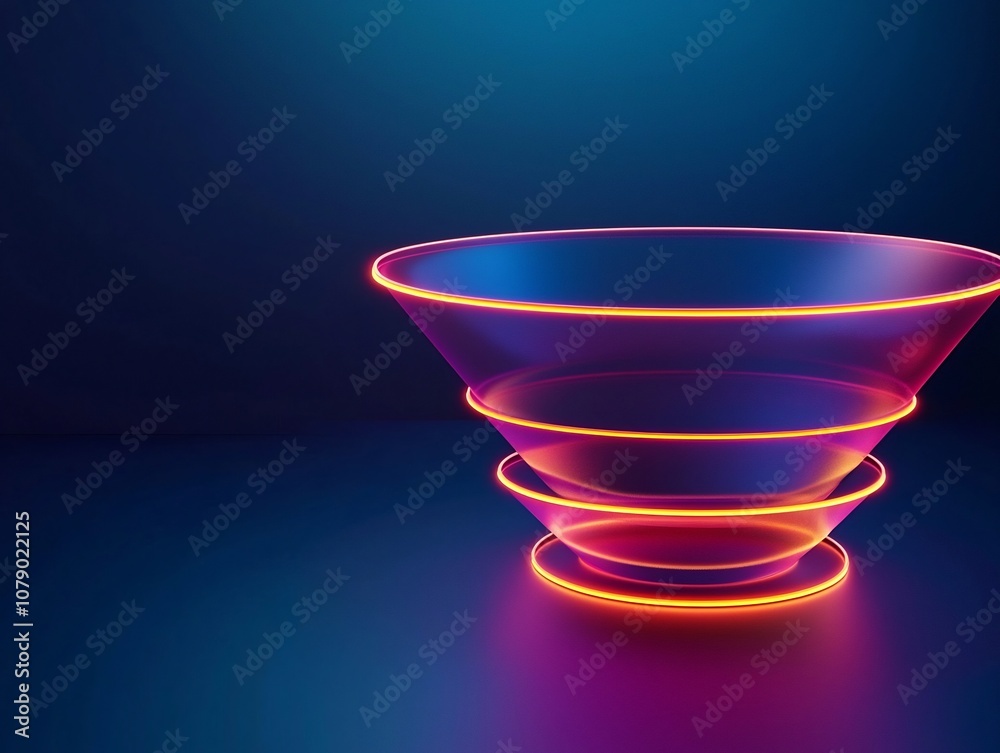 Poster glowing 3d marketing funnel powered by algorithms optimizing customer journey from awareness to conv