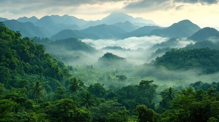 Misty morning in the mountains, lush green forest with fog, tropical paradise.
