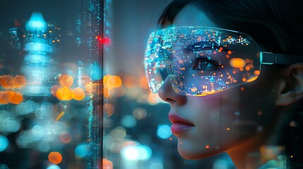 Marketer With Glasses Viewing AI Driven Virtual Marketing Insights Over City Skyline