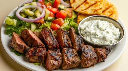 Grilled meat platter with salad and sauce.