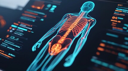  longevity lifestyle vitality. A digital illustration of a human skeleton displayed with glowing lines, showcasing anatomical details and data interface.