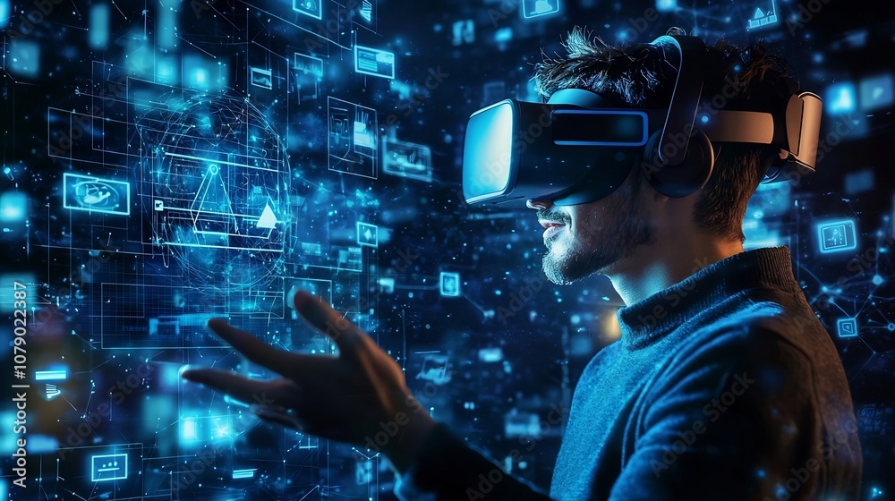 Poster virtual reality headset user exploring ai driven personalized marketing environment with adaptive co