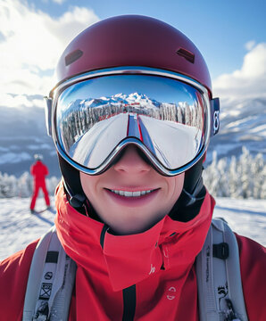 a man wearing ski goggles that display mountains.