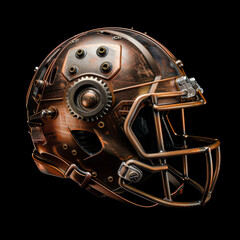 Fototapeta premium Steampunk American football helmet with brass elements and intricate design. This unique helmet combines vintage aesthetics with modern sports gear, showcasing creativity and craftsmanship