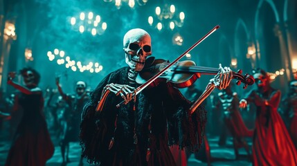 Naklejka premium Amidst swirling shadows ghost like skeleton plays haunting melody violin captivating audience dancing demons chilling Halloween gathering.