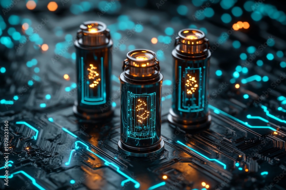 Poster a high-tech laboratory with glowing oil samples in digital containers, symbolizing futuristic scient