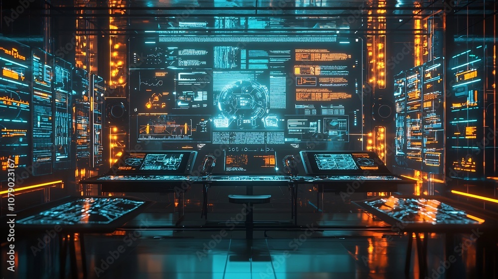 Poster futuristic ai driven marketing command center with holographic data displays and automated metrics t