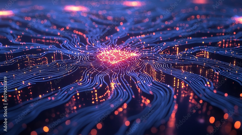 Poster glowing neural network reshaping dynamic marketing strategy with interconnected data insights