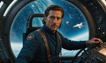 A man in a blue jumpsuit sits in the cockpit of a spaceship, looking out at the stars and planets
