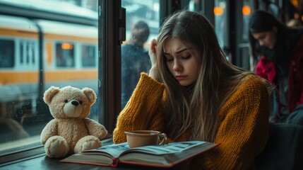 window young woman cozy sweater stares distance tea hand and book open lively train station unfolds filled warm goodbyes.
