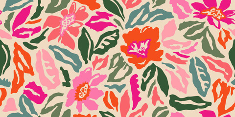 Abstract hand drawn flowers, seamless patterns with floral for fabric, textiles, clothing, poster, cover, banner, wall art, home decor, background. Vector illustration.