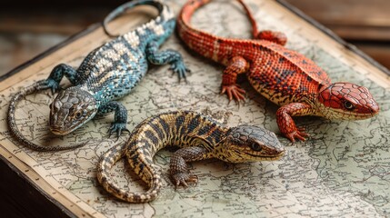 Naklejka premium Three colorful lizards resting on an old map.