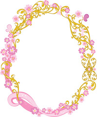 Vector romantic frame with golden vintage ornament, pink flowers, butterflies, pearl beads, and shiny pink ribbons.