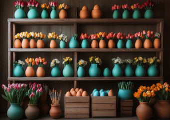 A vibrant arrangement of spring flowers and painted Easter eggs in rustic wooden crates, creating a festive and cheerful display.
