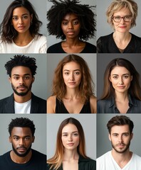 A Headshot compilation of a group of fictional people. All People are from different backgrounds, religions, age, ethnicity and gender showcasing diversity and freedom. AI generated. 