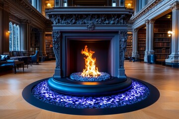 A magical fireplace with enchanted flames in shades of purple and blue, set in a wizard&acirc;&euro;&trade;s library