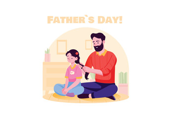 A father is lovingly styling his daughter's hair, highlighting the bond between them. The scene is bright and cheerful. Vector illustration