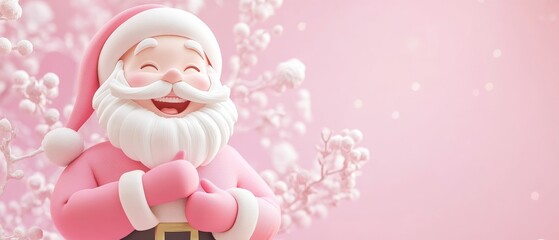 A cartoonish santa with a pink hat and a pink shirt is smiling