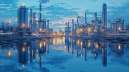 Naklejka premium A modern industrial complex reflecting on water during twilight, showcasing technology and manufacturing.