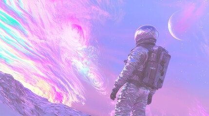 Fototapeta premium Awe-Inspiring 3D Render of Astronaut on Distant Planet under Colorful Auroras | Ultra-Detailed Sci-Fi Space Artwork