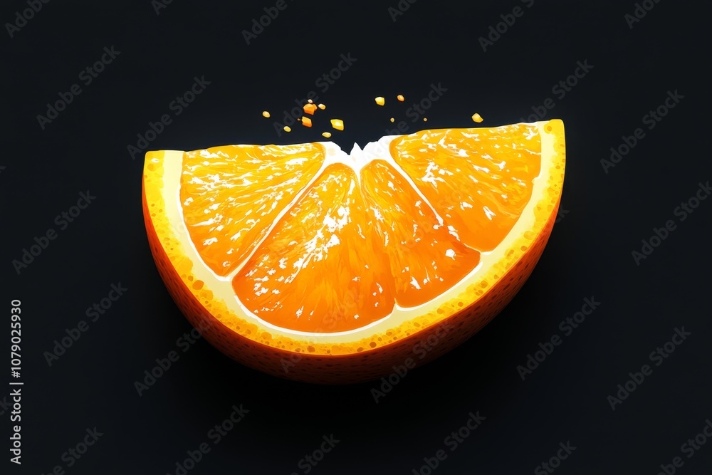 Poster a pixel art orange with vibrant pixels forming a slice, styled like a retro video game