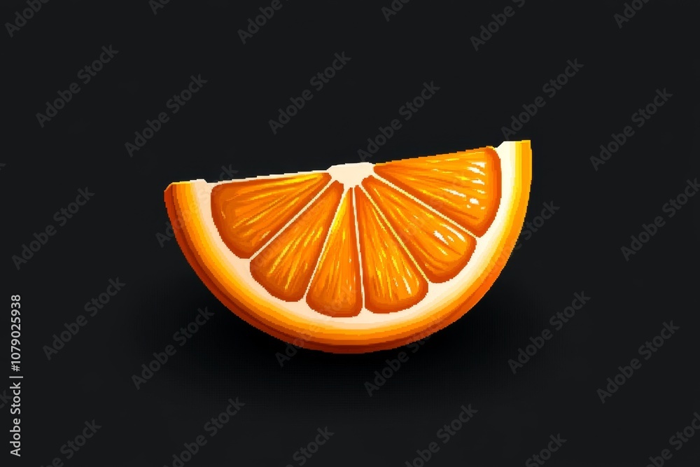 Poster a pixel art orange with vibrant pixels forming a slice, styled like a retro video game