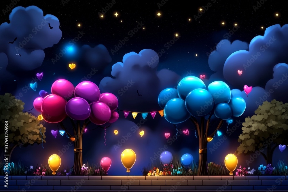 Poster a pixel art party scene with tiny characters dancing, colorful balloons, and confetti, styled like a