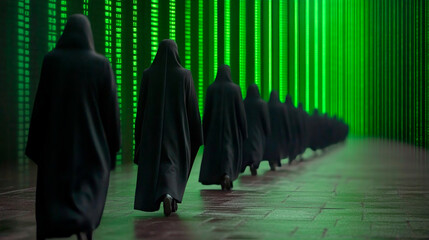 Abstract Image of Business People Walking on the Street. Photo in matrix style in green colors