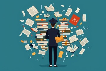 A college student achieving academic success stands proudly amidst a sea of books and knowledge