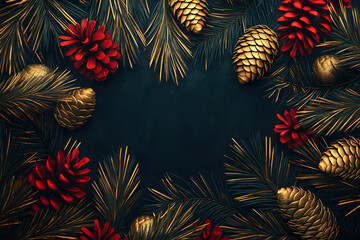 Naklejka premium Festive pinecones and evergreen branches on dark background for holiday decor 