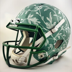 Fototapeta premium Delicate vine patterns adorn this green American football helmet, showcasing unique design that blends nature with sports. Perfect for collectors and enthusiasts alike