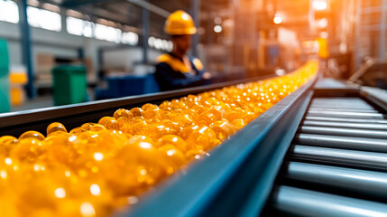 Fototapeta premium Conveyor belt with plastic recyclables at the enterprise, waste recycling and disposal concept