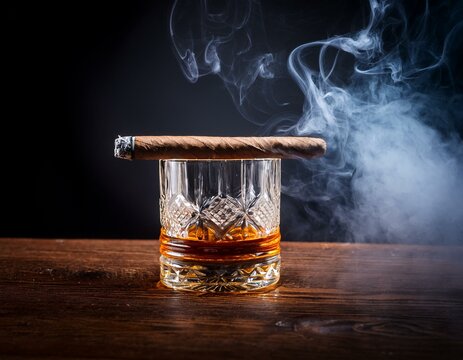 Smoking cigar, fog, night, darkness, glass of Cognac