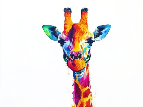 Colorful giraffe watercolor painting with white background