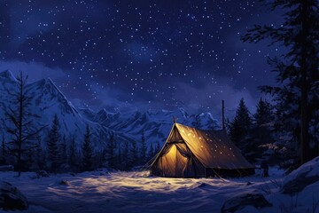 Moonlit Camping Adventure in a Snowy Mountain Landscape