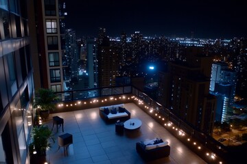 Obraz premium A rooftop party at night with string lights, city views, and people dancing, capturing an urban vibe