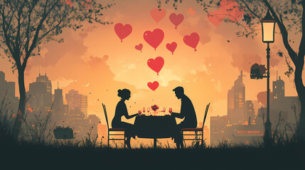 Silhouette of a couple enjoying a romantic dinner date in a city park with heart-shaped balloons floating above. generative ai. Romantic. Illustration