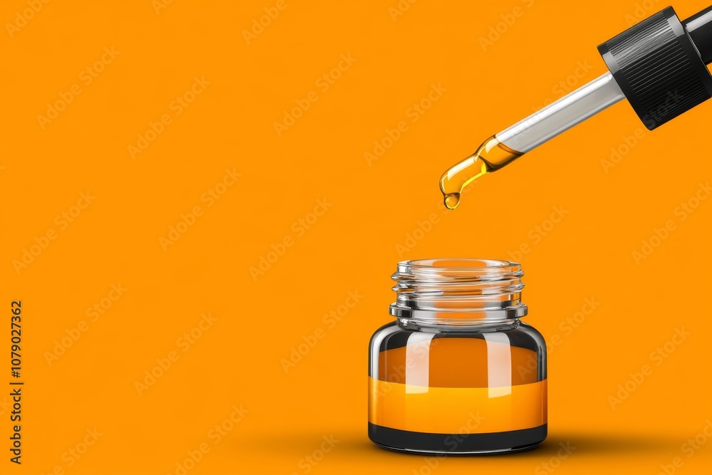 Poster a simple 2d drawing of a drop of oil in a pipette, symbolizing skincare on a plain white background