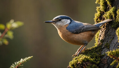Obraz premium A nuthatch perches on a mossy tree trunk in the forest, looking towards the left