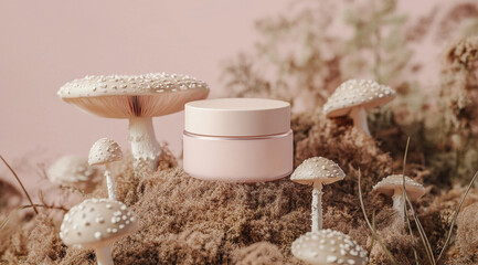 A white jar of moisturizer sits among several white mushrooms in a forest setting. The mushrooms are surrounded by a soft, brown ground cover