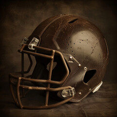 Fototapeta premium Hand crafted American football helmet made of rough leather, showcasing intricate details and vintage look. Perfect for sports enthusiasts and collectors