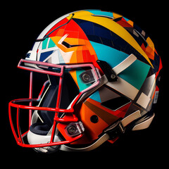 Vibrant American football helmet featuring modern art influences, showcasing bold colors and geometric patterns, perfect for sports enthusiasts and art lovers alike